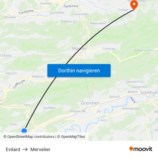 Evilard to Mervelier map