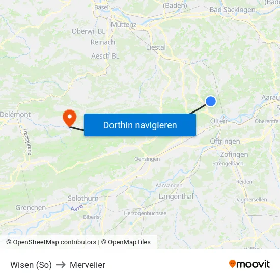 Wisen (So) to Mervelier map