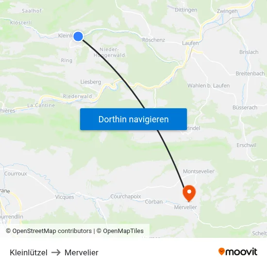 Kleinlützel to Mervelier map