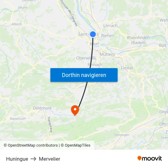 Huningue to Mervelier map