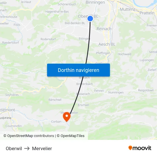 Oberwil to Mervelier map