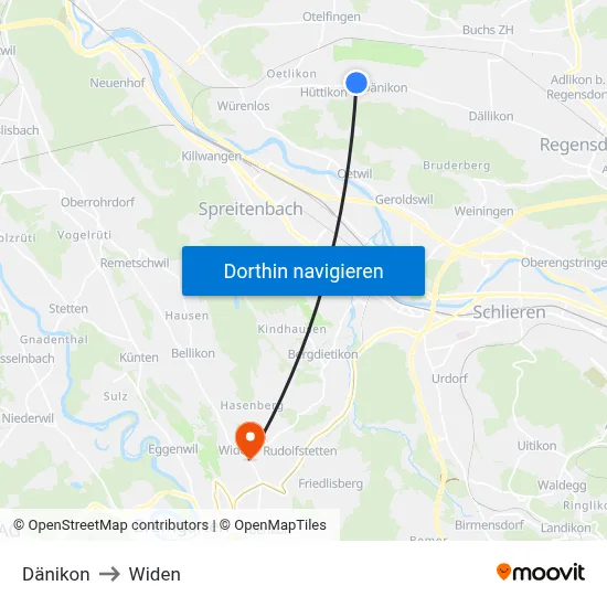 Dänikon to Widen map