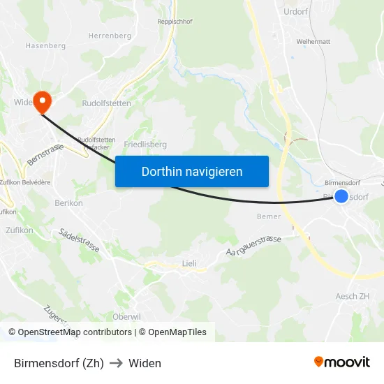 Birmensdorf (Zh) to Widen map