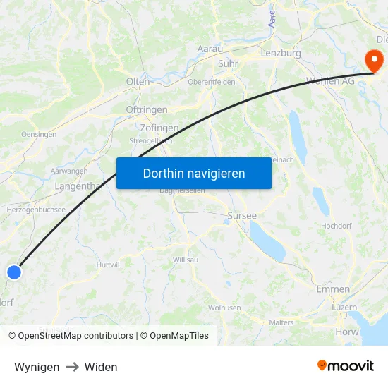 Wynigen to Widen map