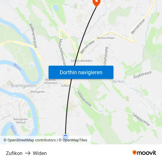 Zufikon to Widen map