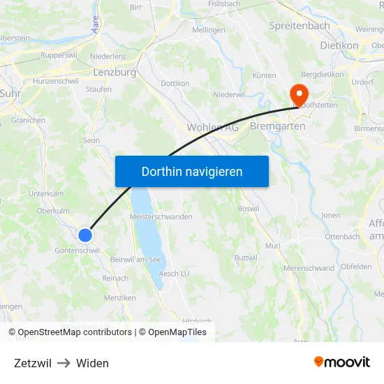 Zetzwil to Widen map
