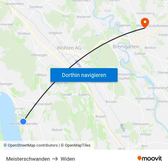 Meisterschwanden to Widen map