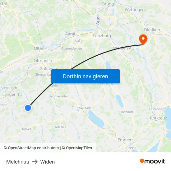 Melchnau to Widen map
