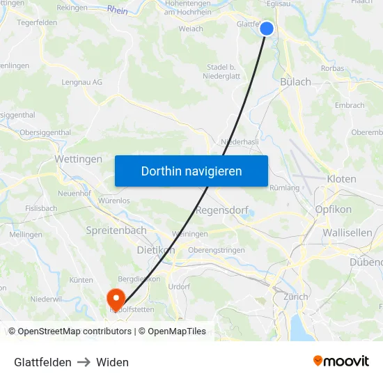 Glattfelden to Widen map