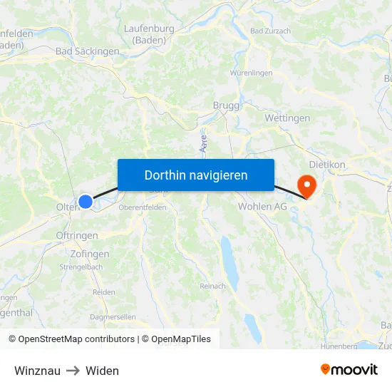 Winznau to Widen map