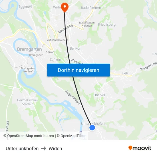 Unterlunkhofen to Widen map