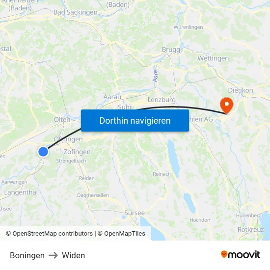 Boningen to Widen map