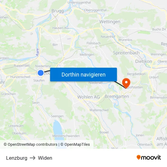 Lenzburg to Widen map