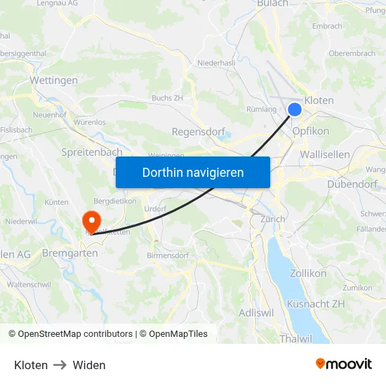 Kloten to Widen map
