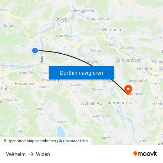 Veltheim to Widen map