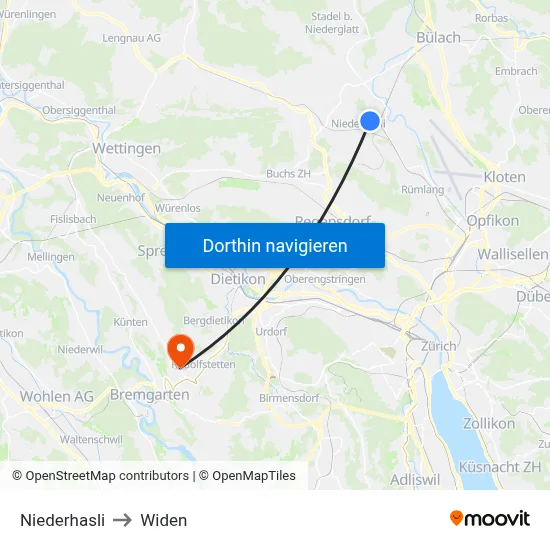 Niederhasli to Widen map