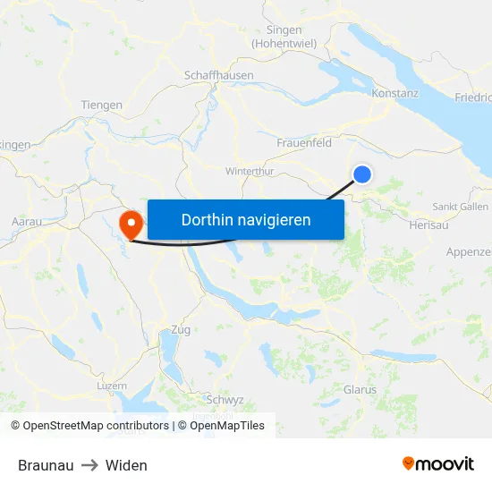Braunau to Widen map