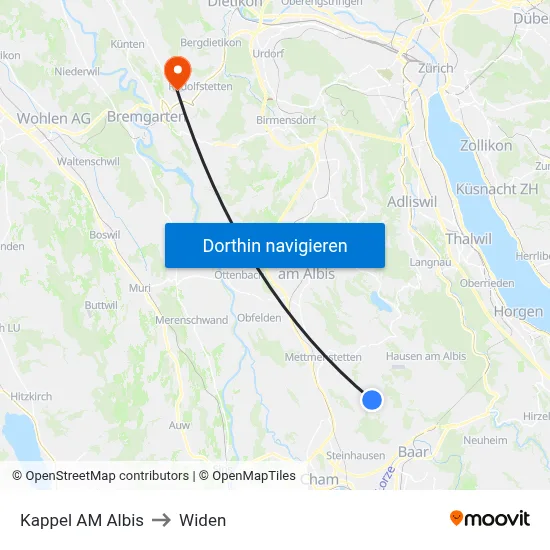Kappel AM Albis to Widen map