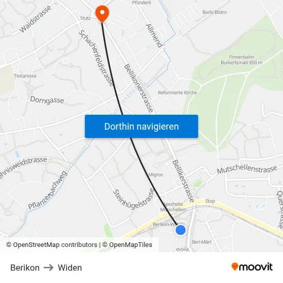 Berikon to Widen map