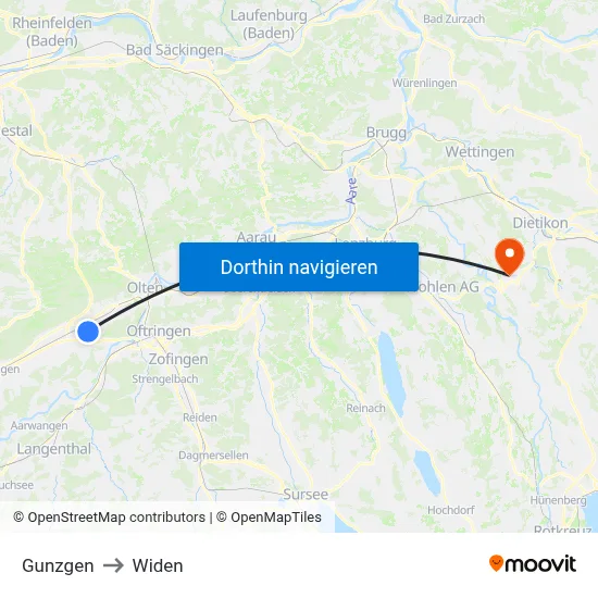 Gunzgen to Widen map