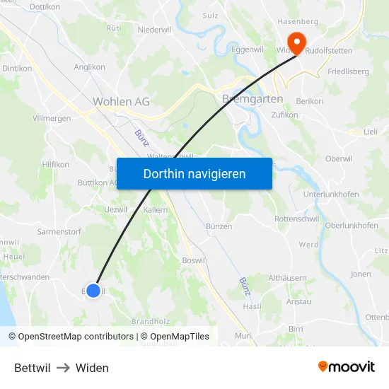 Bettwil to Widen map