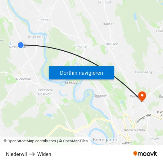 Niederwil to Widen map