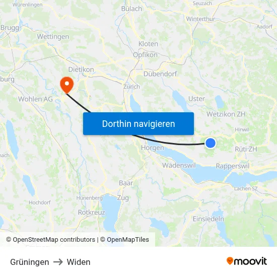 Grüningen to Widen map