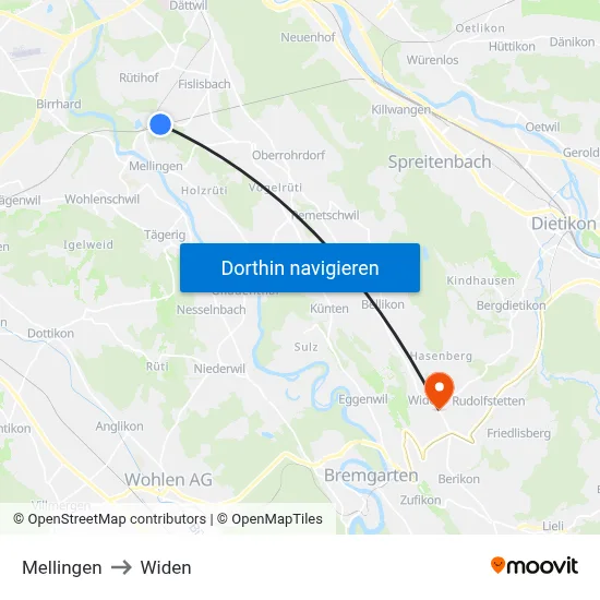 Mellingen to Widen map
