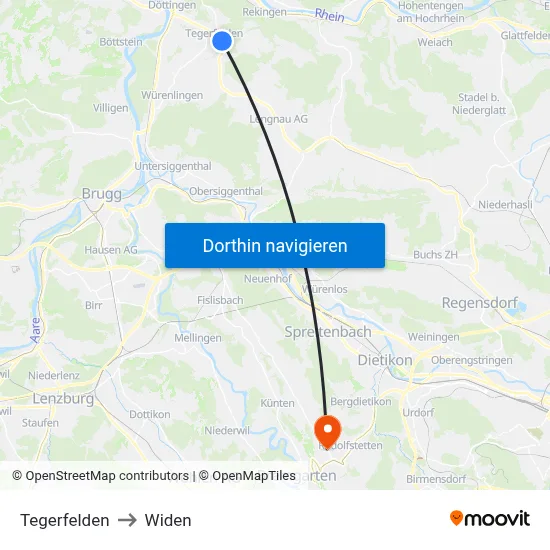 Tegerfelden to Widen map