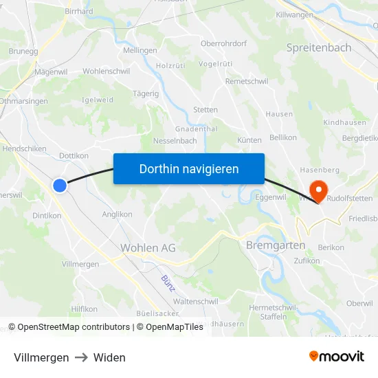 Villmergen to Widen map
