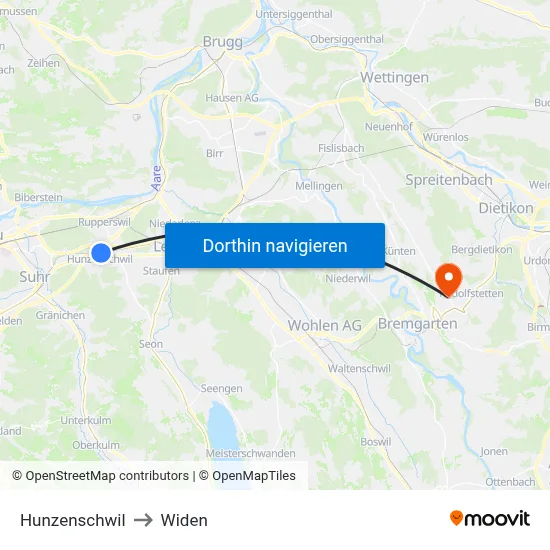 Hunzenschwil to Widen map