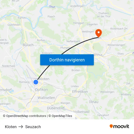 Kloten to Seuzach map