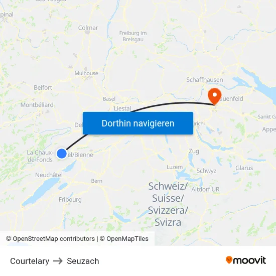 Courtelary to Seuzach map