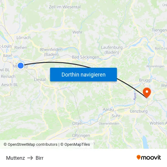 Muttenz to Birr map