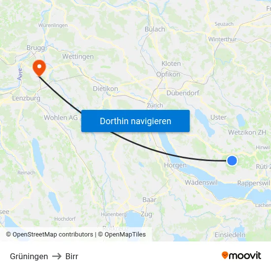 Grüningen to Birr map