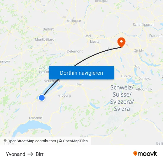Yvonand to Birr map