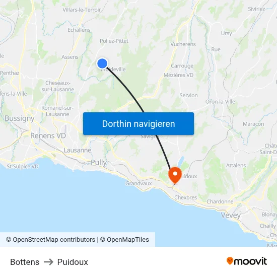 Bottens to Puidoux map