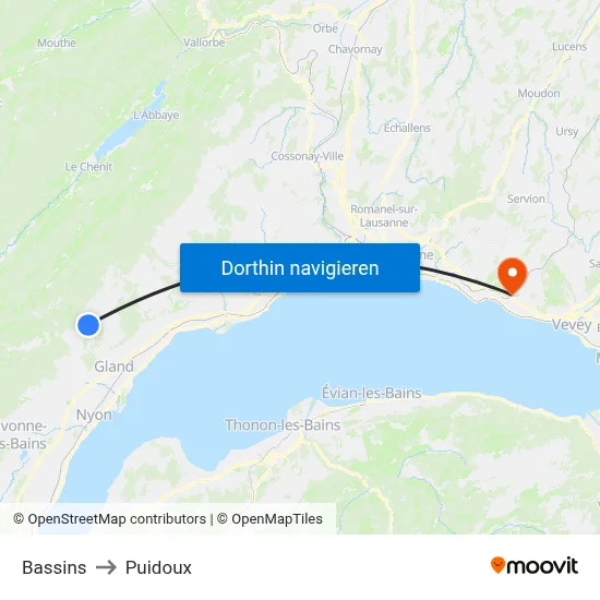 Bassins to Puidoux map