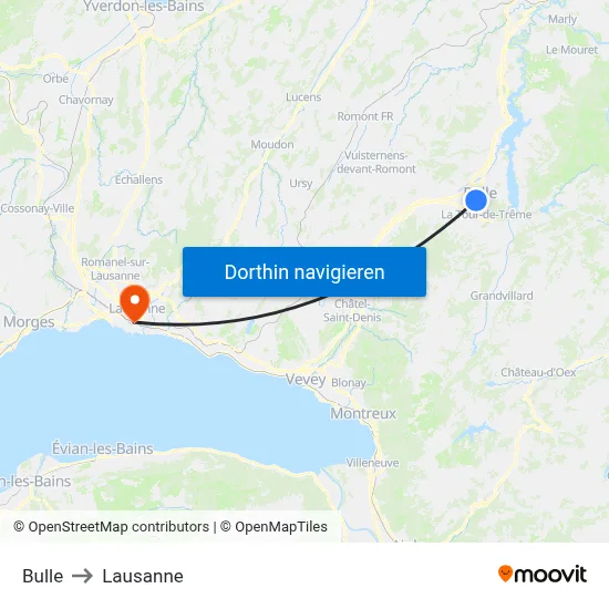 Bulle to Lausanne map
