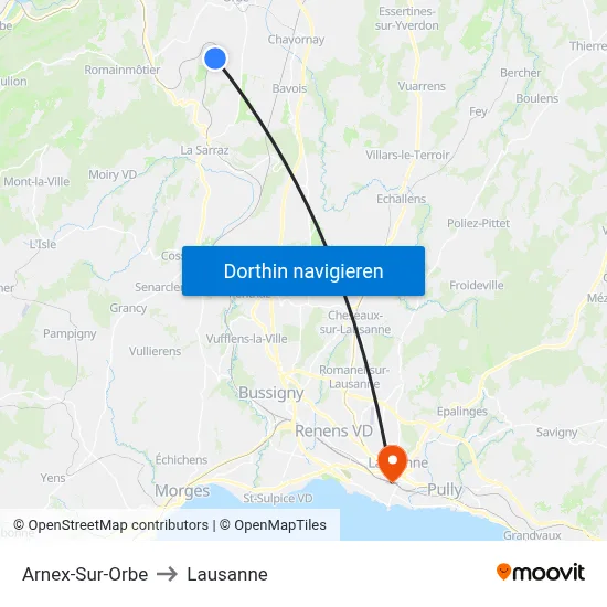 Arnex-Sur-Orbe to Lausanne map