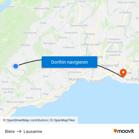 Bière to Lausanne map