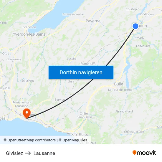 Givisiez to Lausanne map