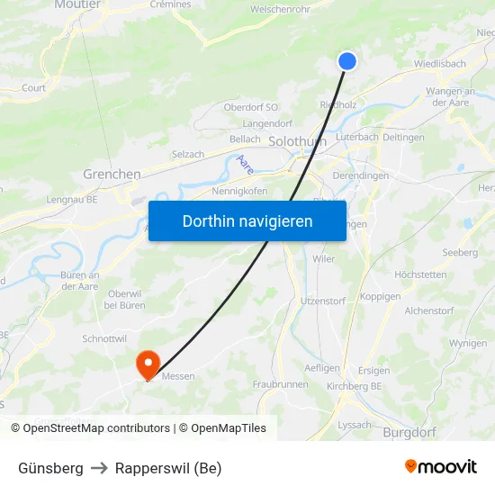 Günsberg to Rapperswil (Be) map
