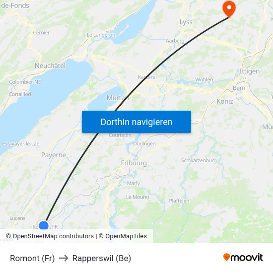 Romont (Fr) to Rapperswil (Be) map