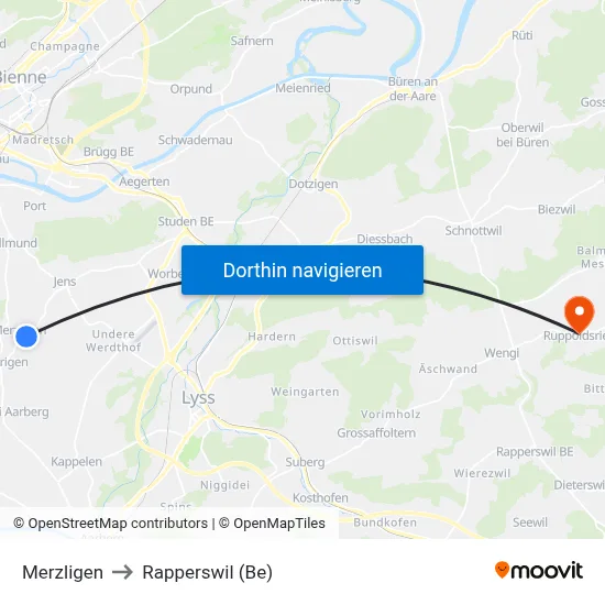 Merzligen to Rapperswil (Be) map