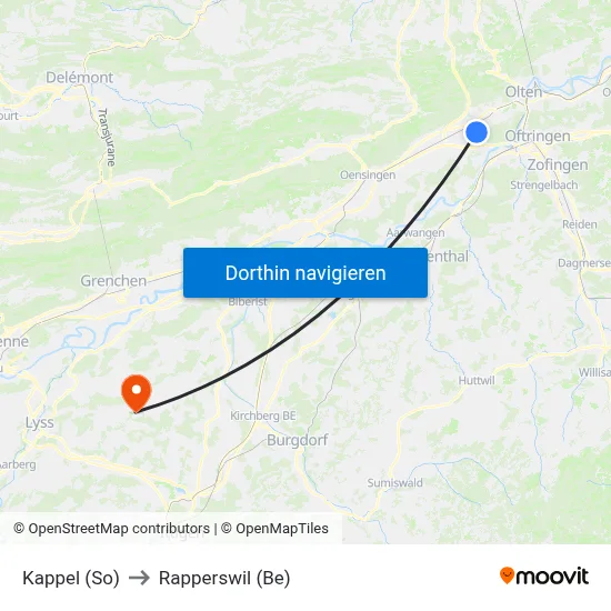 Kappel (So) to Rapperswil (Be) map
