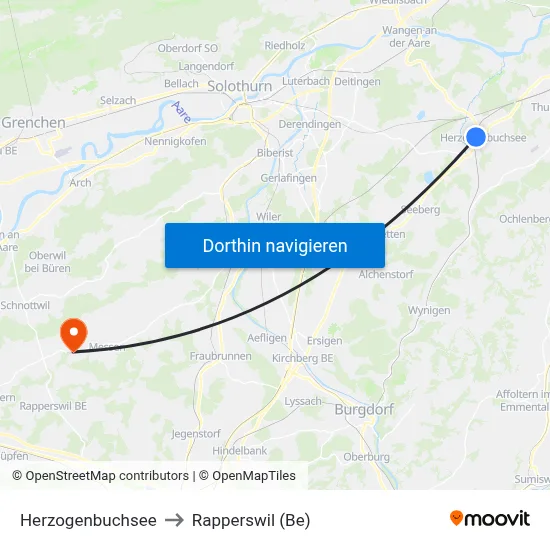 Herzogenbuchsee to Rapperswil (Be) map