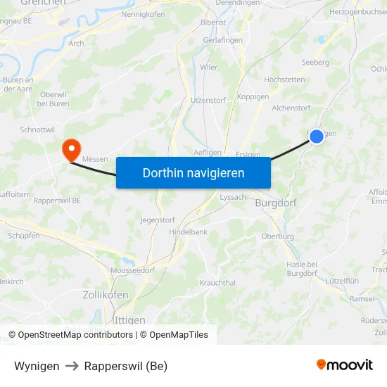 Wynigen to Rapperswil (Be) map