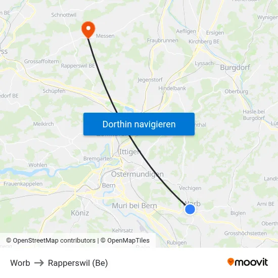 Worb to Rapperswil (Be) map