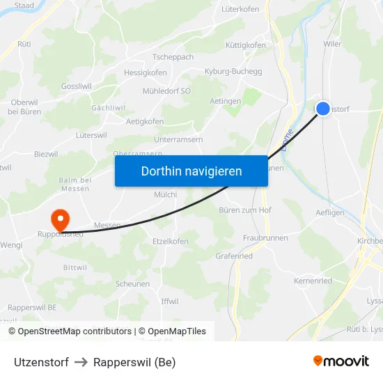 Utzenstorf to Rapperswil (Be) map